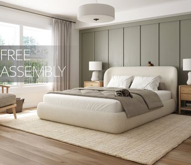 King Size Bed Frame with Wingback Headboard, Platform Upholstered in Performance Fabric, Free Assembly - Boho, Modern Style - Rounded Corners, Non-Slip, Low-Profile, Bedroom, Curved (Cream, King)