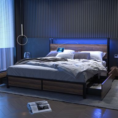 LED Bed Frame Queen Size with 2 USB Ports and Outlets, Platform Metal Bed Frame with 4 Storage Drawers and Headboard, No Box Spring Needed, Noise-Free(Vintage Brown-Queen)