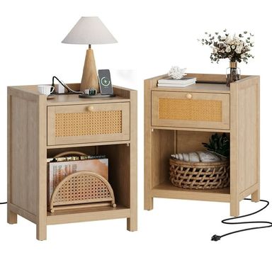 LGHM Boho Nightstand Set of 2 with Charging Station, Farmhouse Bedside Tables Night Stands with Drawer, Side Tables for Bedroom, Living Room, Oak - Walmart.com