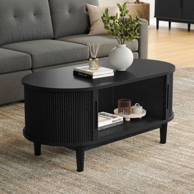 LINSY HOME Fluted Coffee Table with Storage, Mid-Century Coffee Table for Living Room with Sliding Tambour Door, Black