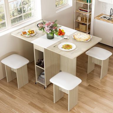 LinkRomat Folding Dining Table Set for 4, Kitchen Table with Shelves & 4 Leather Chairs, Space Saving Foldable Dining Table with 6 Wheel (Beige) - Walmart.com