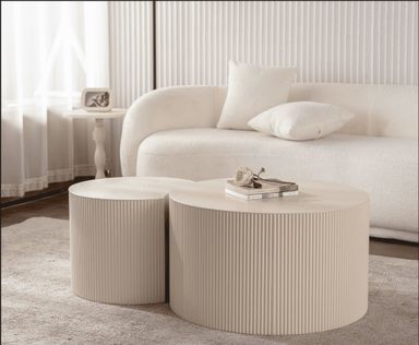 MDQMDCoffee Table Set of 2,Round Coffee Table Handcrafted Relief Sturdy Pedestal Wooden Olive-Shaped Tea Table for Living Room