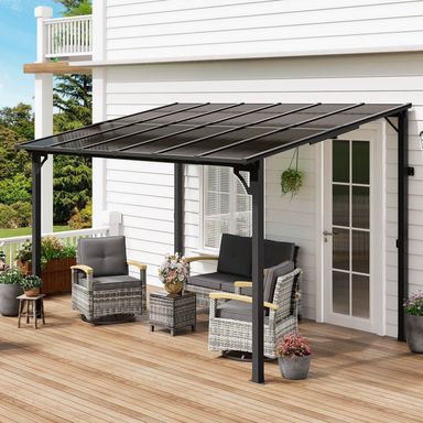 MEISSALIVVE 8' x 12'Hardtop Gazebo, Wall Mounted Gazebo, Lean to Metal Awnings Gazebos, Gazebo Pergola with Sloped Roof, Outdoor Patio Gazebo Awning for Backyard, Deck, Black