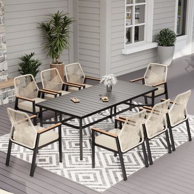 MF Studio 9-Piece Outdoor Dining Set with Cushioned Rattan Chairs & Large 83" Table for 8 Person, Black and Beige