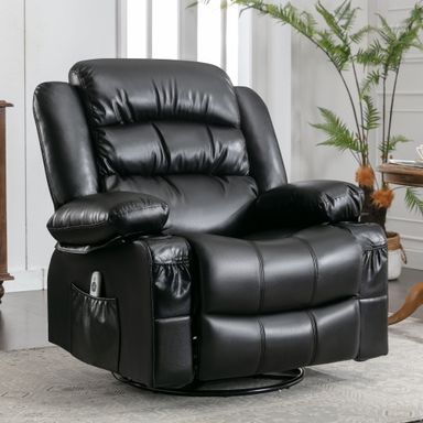 Manual Rocker Recliners, 360° Swivel Recliner Chair for Living Room, PU Leather Swivel Rocker Recliner with Massage and Heat, Home Theater Rocking Recliner with Cup Holder, Black