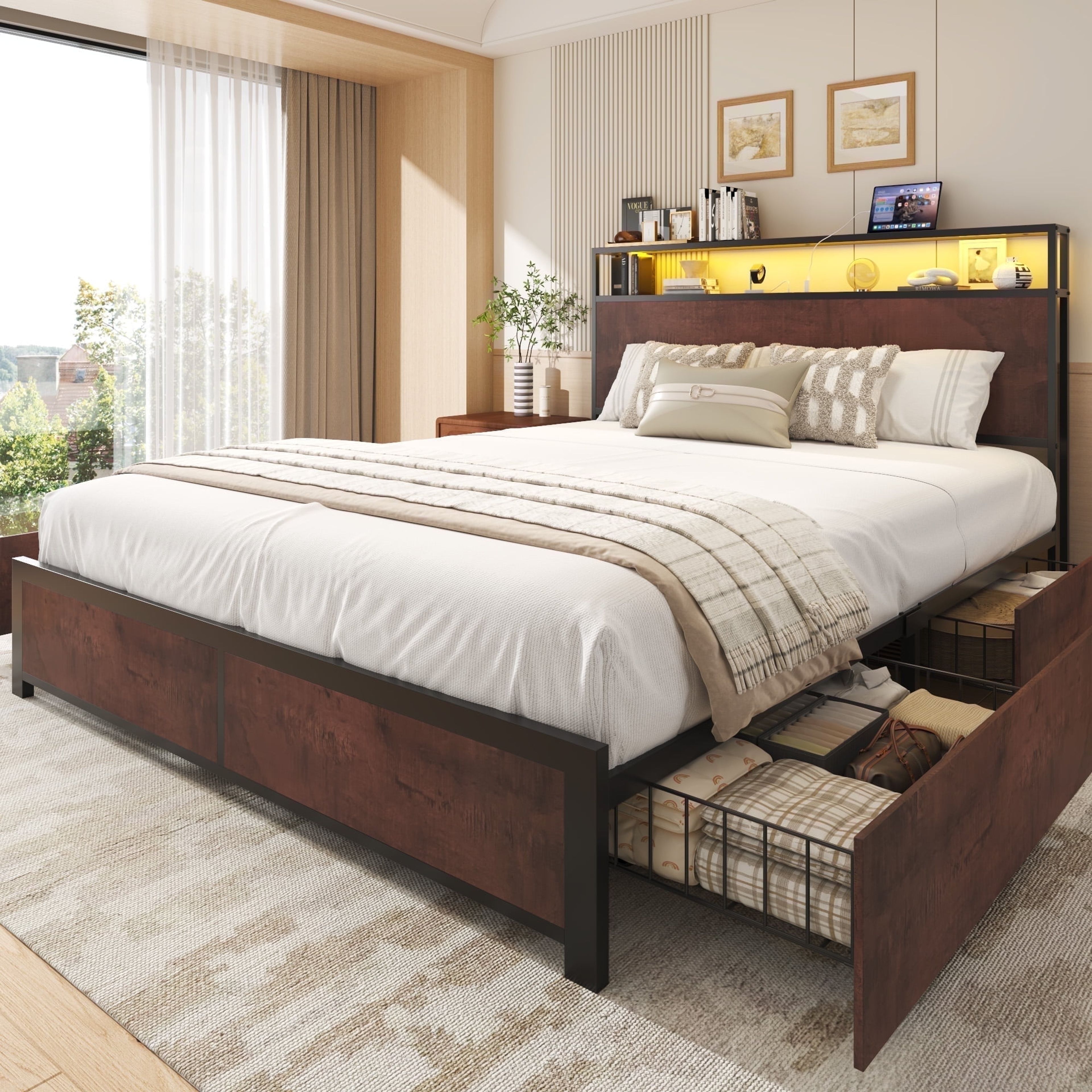 Queen Metal Platform Bed Frame with Storage, USB Ports & LED Lights - Rustic Brown