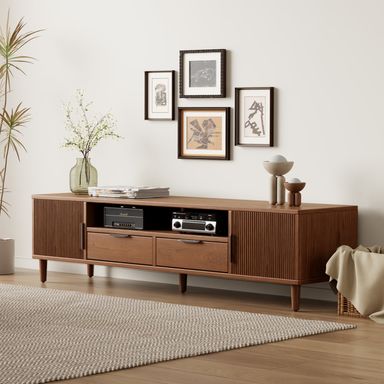 Muwuele Modern TV Stand for TVs Up to 65 Inch, Wooden Home Entertainment Center Low Profile TV Console with Cabinet, Drawers and Shelf, Media Console for Living Room