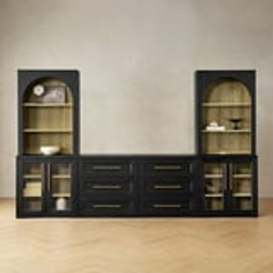 Mopio Blake 4 Piece Entertainment Center with Storage, Modern Farmhouse Wall Unit TV Stand with Bookshelves for up to 65" TVs, Trophy Display Case, Media Console Cabinet, Living Room (Black) - Walmart.com