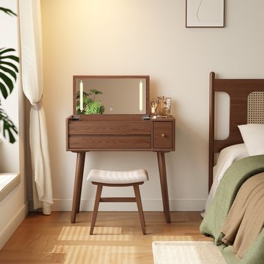 Muwuele Makeup Vanity Table with Mirror and 3 Lighting Modes, 32 Inch Large Dressing Table Set with 3 Drawers, Solid Wood Vanity Desk for Bedroom (Walnut)