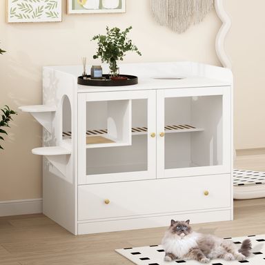 NARTRU Large Cat Litter Box Enclosure Furniture with Drawer and Runway Litter Filter for Litter Boxes, White