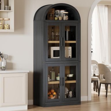NEILA Arched Bookshelf with Doors - Glass Doors - 15.83 inches deep by 71.4 inches tall rustic ambiance premium wood display cabinet for living room, kitchen and office,Glass Door_Black - Walmart.com