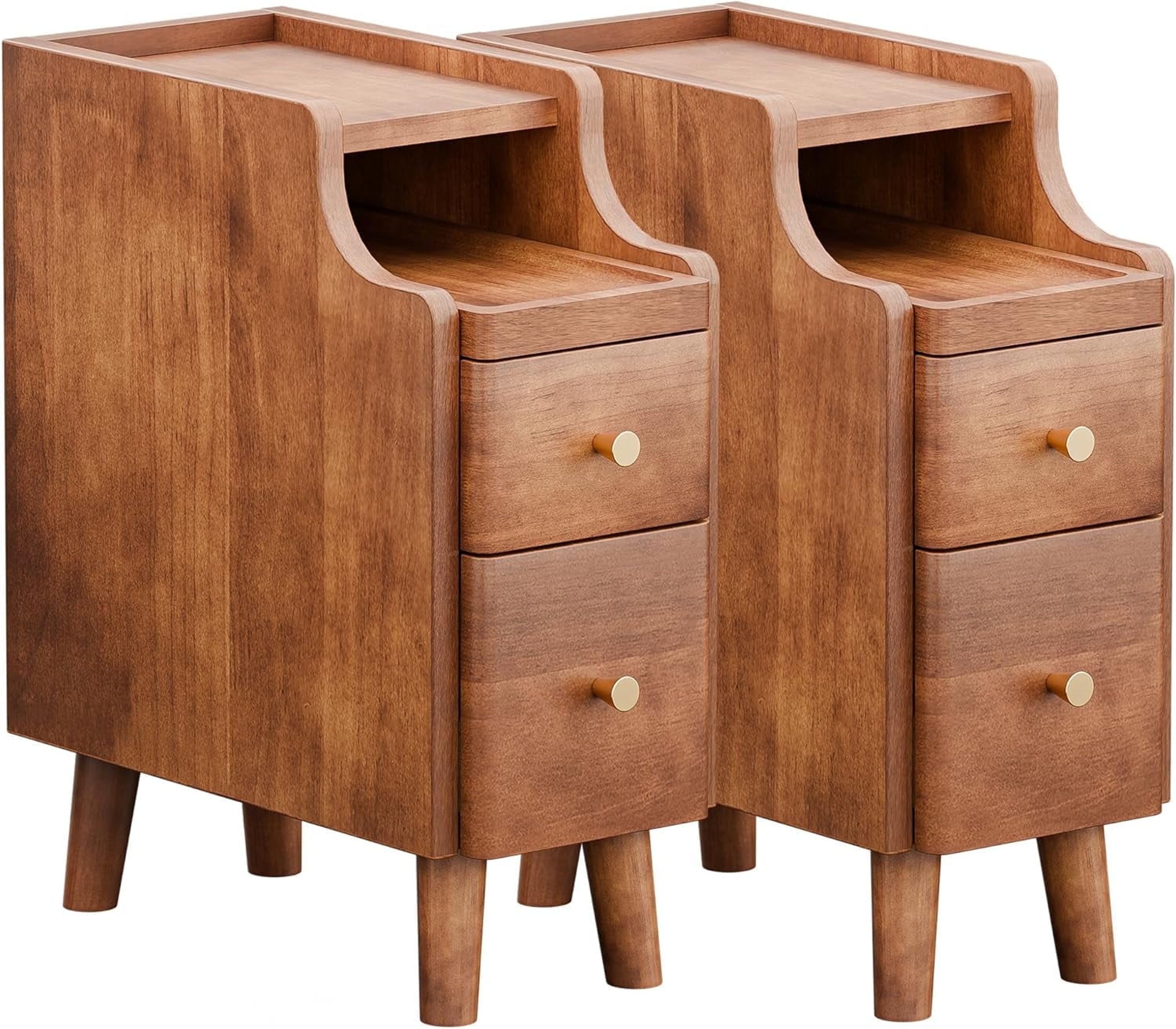 Pre-Assembled Walnut Narrow Nightstand Set of 2 - Solid Wood Slim Bedside Tables