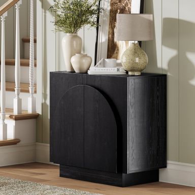 Nathan James Iris Mid-Century Modern Credenza, Black Sideboard Buffet, Living Room Wood Storage Cabinet with Arched Cabinet Doors, Black Credenza Cabinet for Kitchen or Living Room, Black Oak