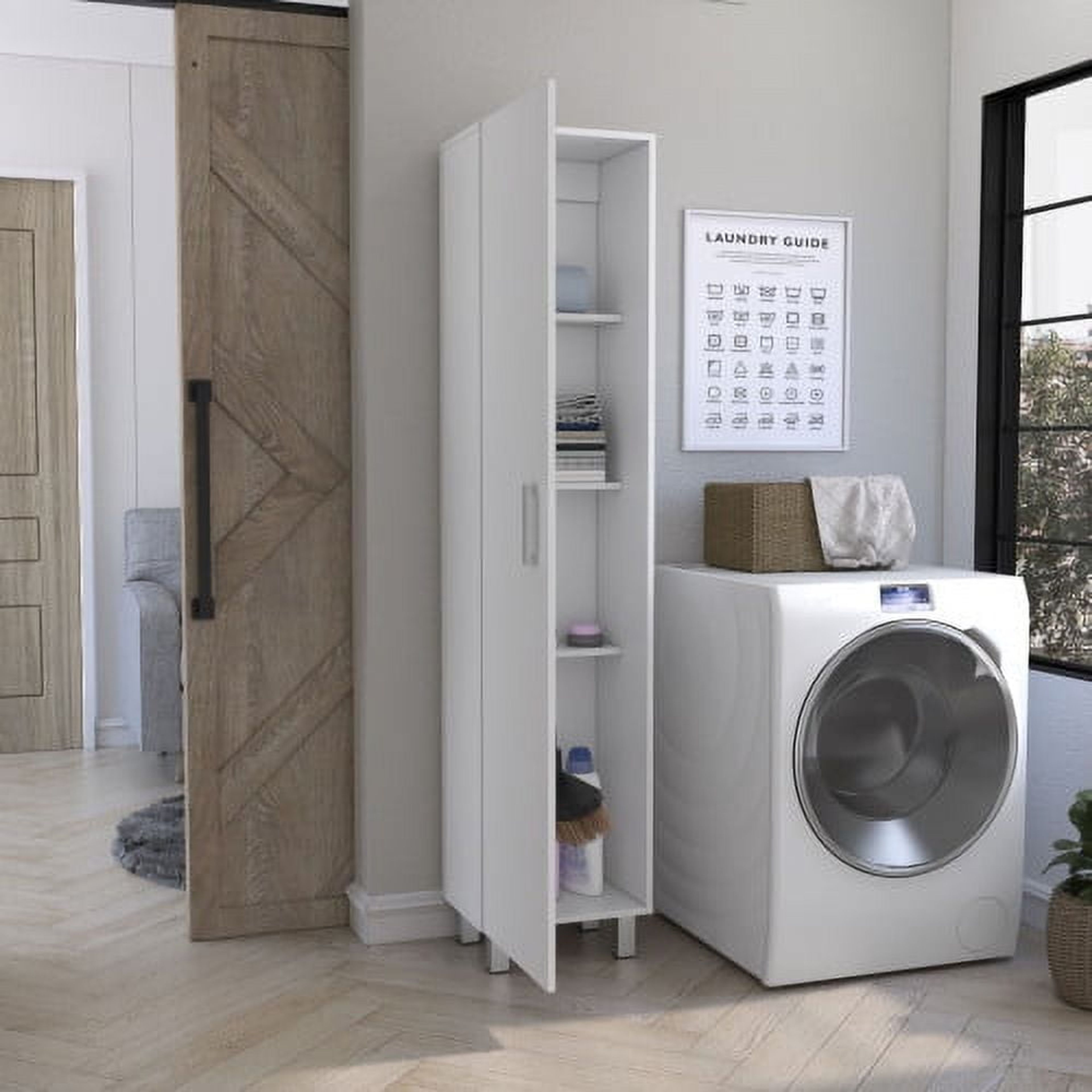 Modern White Wood Pantry Cabinet with Hangers & Single Door Storage
