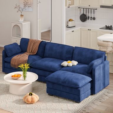 Noelse 110" L Shaped Sofa Couch Modular Sectional Cloud Couch with Movable Ottoman, 3-Seater Comfy Corduroy Deep Seat Sofa with 2 Pillows for Living Room, Bedroom, Blue, Clearance