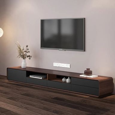POVISON Modern Wood Black TV Stand, Lowline Media Console with 4 Drawers, Open Storage Cabinet, Walnut Veneer, Fully-assembled, 78"