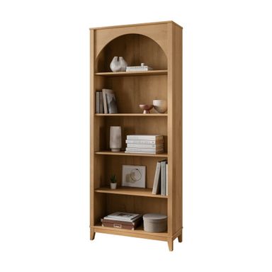 Prepac Ark 78" Tall 5-Tier Arched Bookcase in Natural Oak, Modern Storage Accent Bookshelf with 3 Adjustable Shelves for Home, Office, Living Room, Bedroom