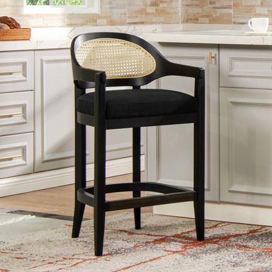 Rattan Counter Height Bar Stools Set of 2,Rattan Farmhouse Barstools with Wood Legs, Americana Mid Century Modern Bar Chairs for  Island Dining and Counter, Jet Black