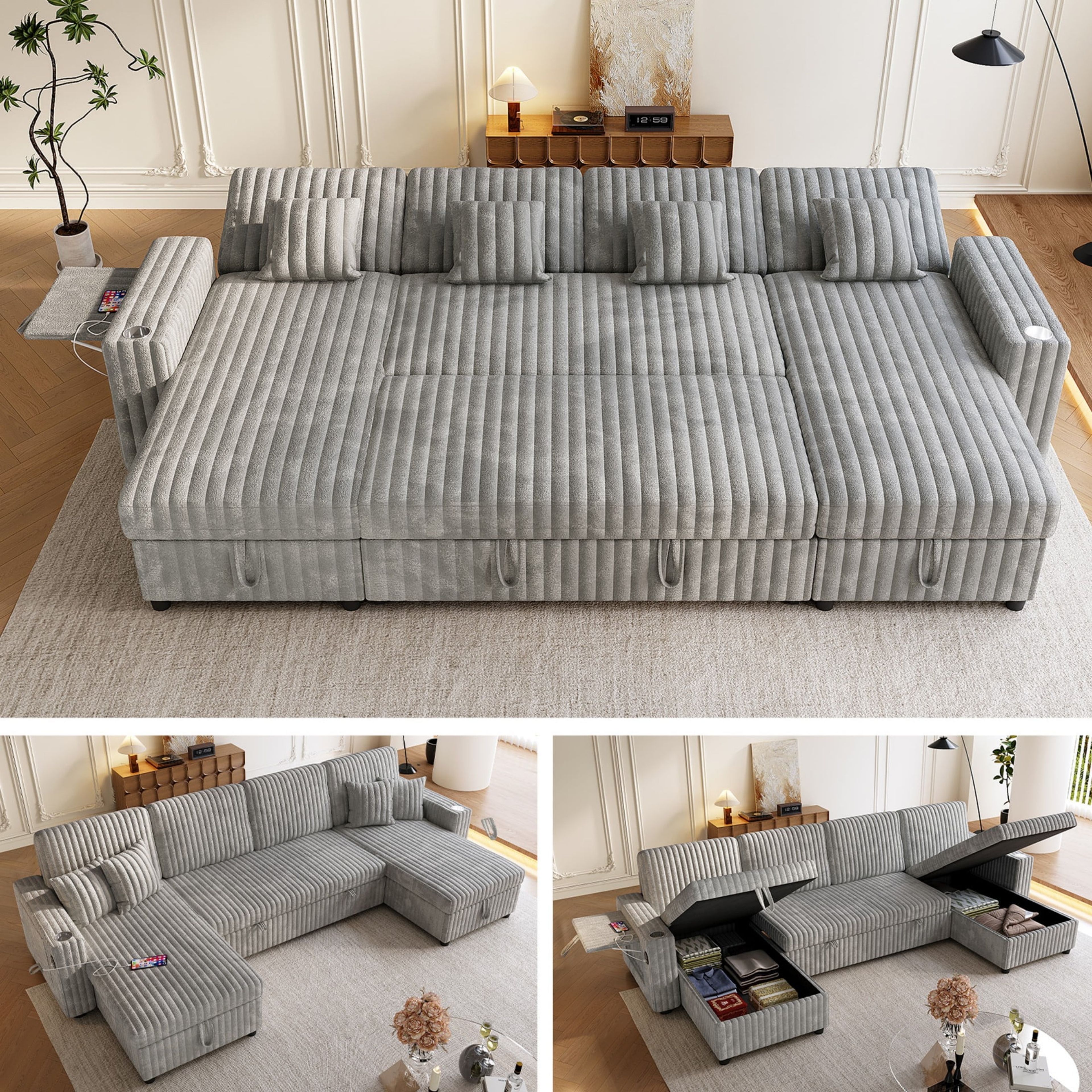 Modern 122" Grey U-Shaped Sleeper Sectional Sofa with Storage & USB