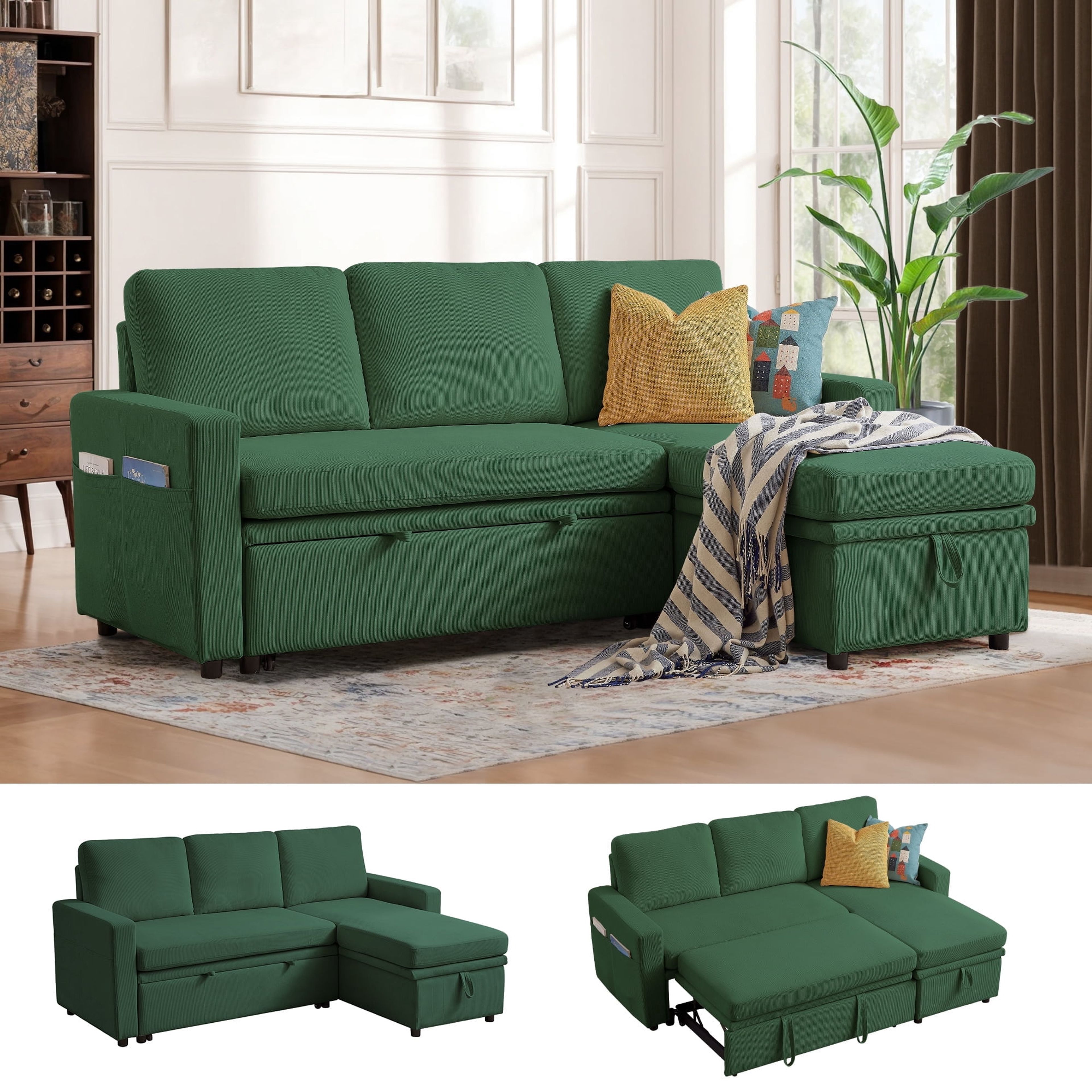 Green Soscana L-Shaped Sectional Sofa with Pull-Out Bed & Storage