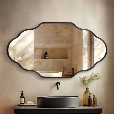 TEWLOSS Black Wall Mirror 36"x24" Scalloped Bathroom Mirrors Metal Frame