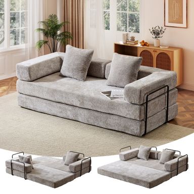 Timbernest 76.8" Folding Sofa Bed, King Size Convertible Sleeper Sofa with 2 Pillows, Chenille Floor Sofa for Living Room, Small Spaces, Light Gray