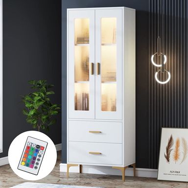 Tribesigns Bookcase with LED Light, White Bookshelf with Frosted Doors and 2 Drawers, Freestanding Tall Storage Cabinet with 15-Color Lights for Living Room, Bathroom, Office, Kitchen