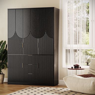 UGTOO 47.2" Wardrobe Closet with 3 Hanging Rods, 3 Drawers & 2 Cabinets - Modern Wooden Storage Armoire for Bedroom, Black