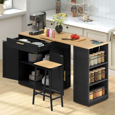 Uforic Extendable Kitchen Island Table with Power Outlets & Seating, Rolling Kitchen Island, Black - Walmart.com