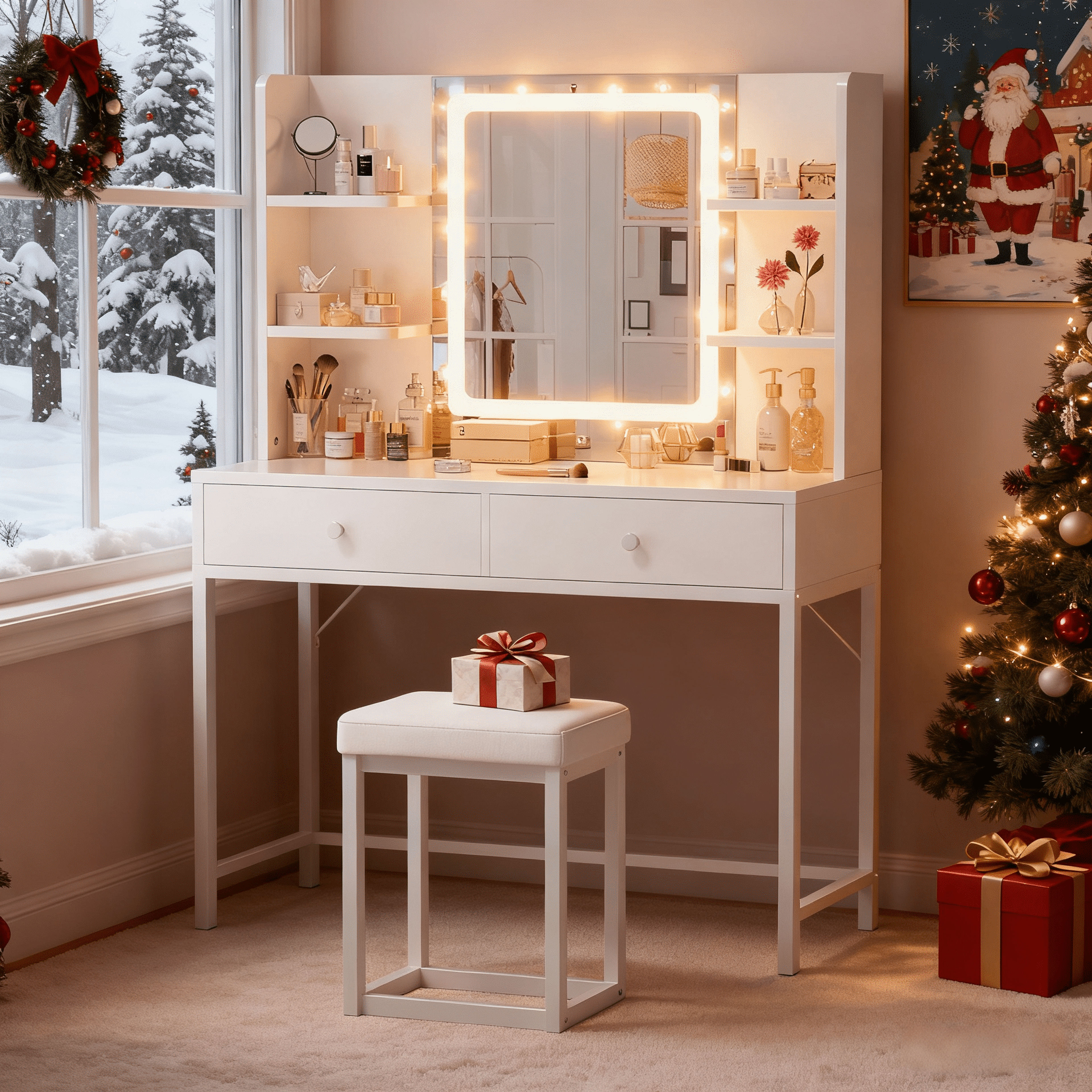 White Lighted Makeup Vanity Set with Stool, Mirror & Storage