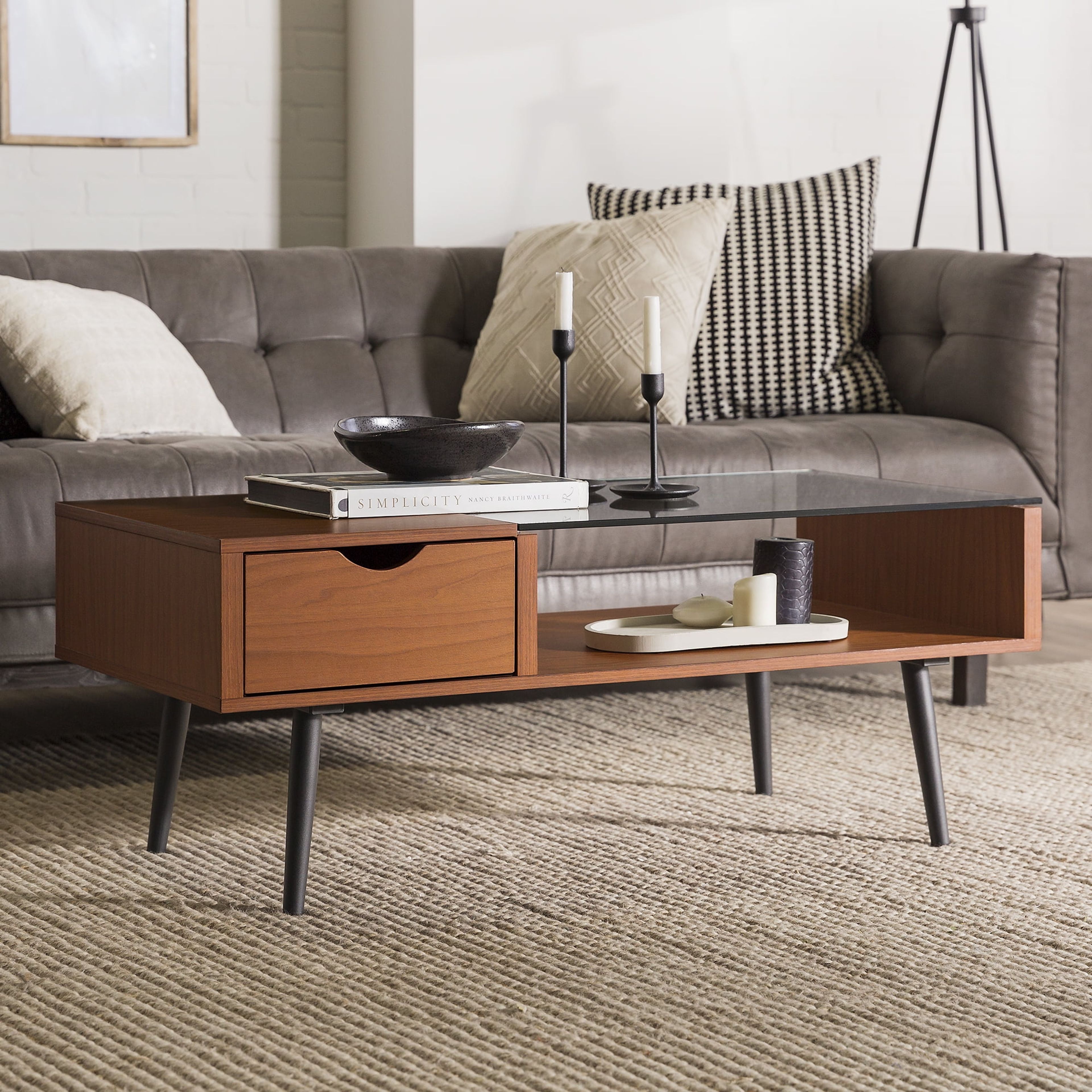 Walker Edison Booker Mid-Century Glass Coffee Table with Drawer
