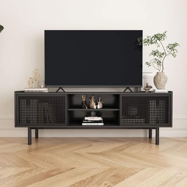 Weselon TV Stand for TVs Up to 70 Inch, Accent Iron Rattan Storage Cabinet Television Stands Entertainment Media Center Console Table with Sliding Barn Door and Adjustable Shelves for Living Room