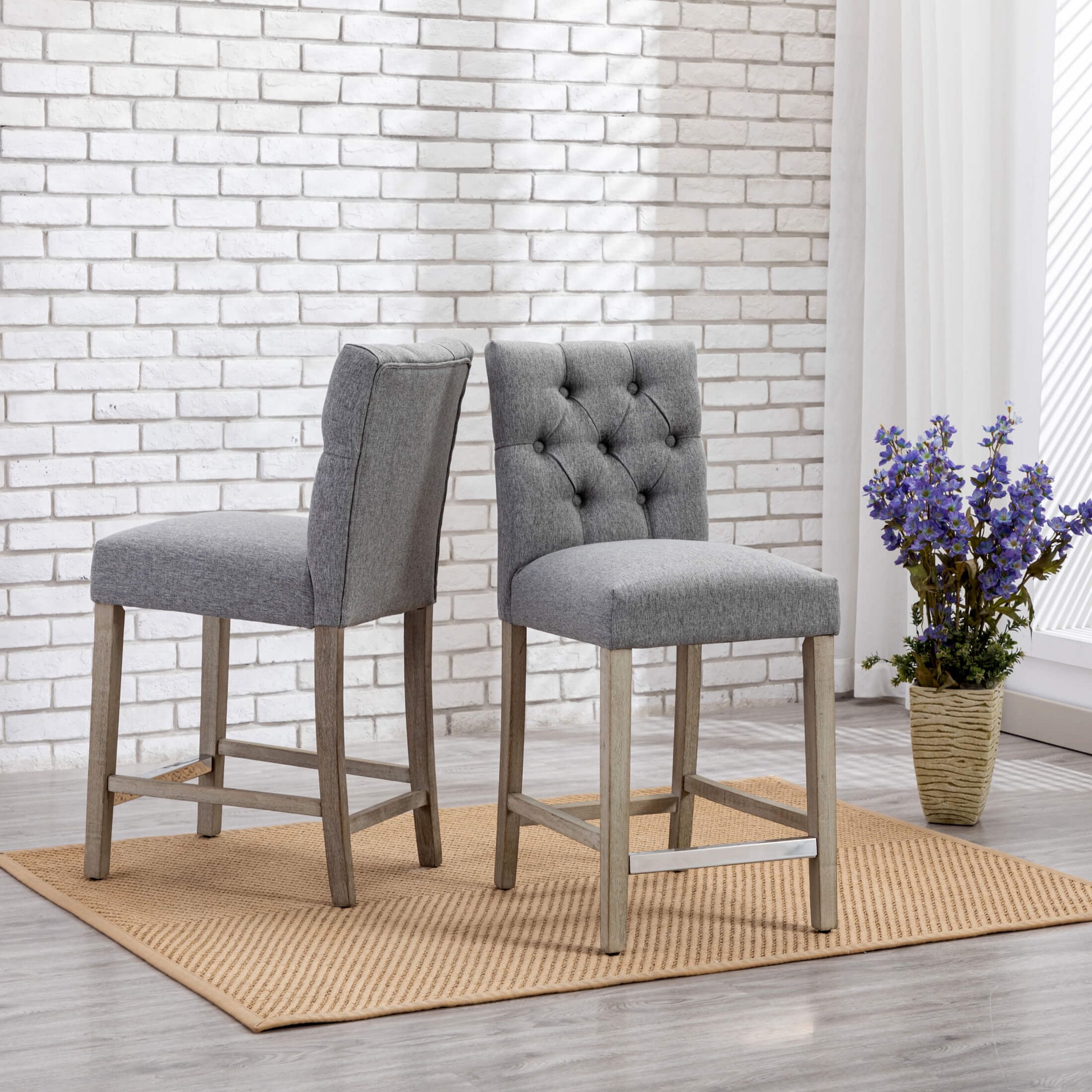 Gray Linen Upholstered Hayes Counter Stools Set of 2