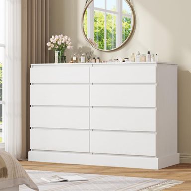 White Dresser with 8 Drawers for Bedroom Wide Chest of Drawers for Living Room, Large Capacity Clothing Storage Cabinet, 51.5''W Wooden Dresser for Entryway