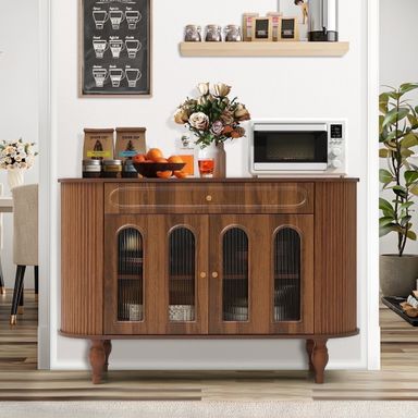 Wirrytor 47''  Wooden Oval Sideboard Buffet Cabinet with 2 Hollow Doors 2 Open Shelves, Console Dining Cabinet with Doors, Kitchen Cabinets Brown for Dining Room Living Room Hallway,Walnut