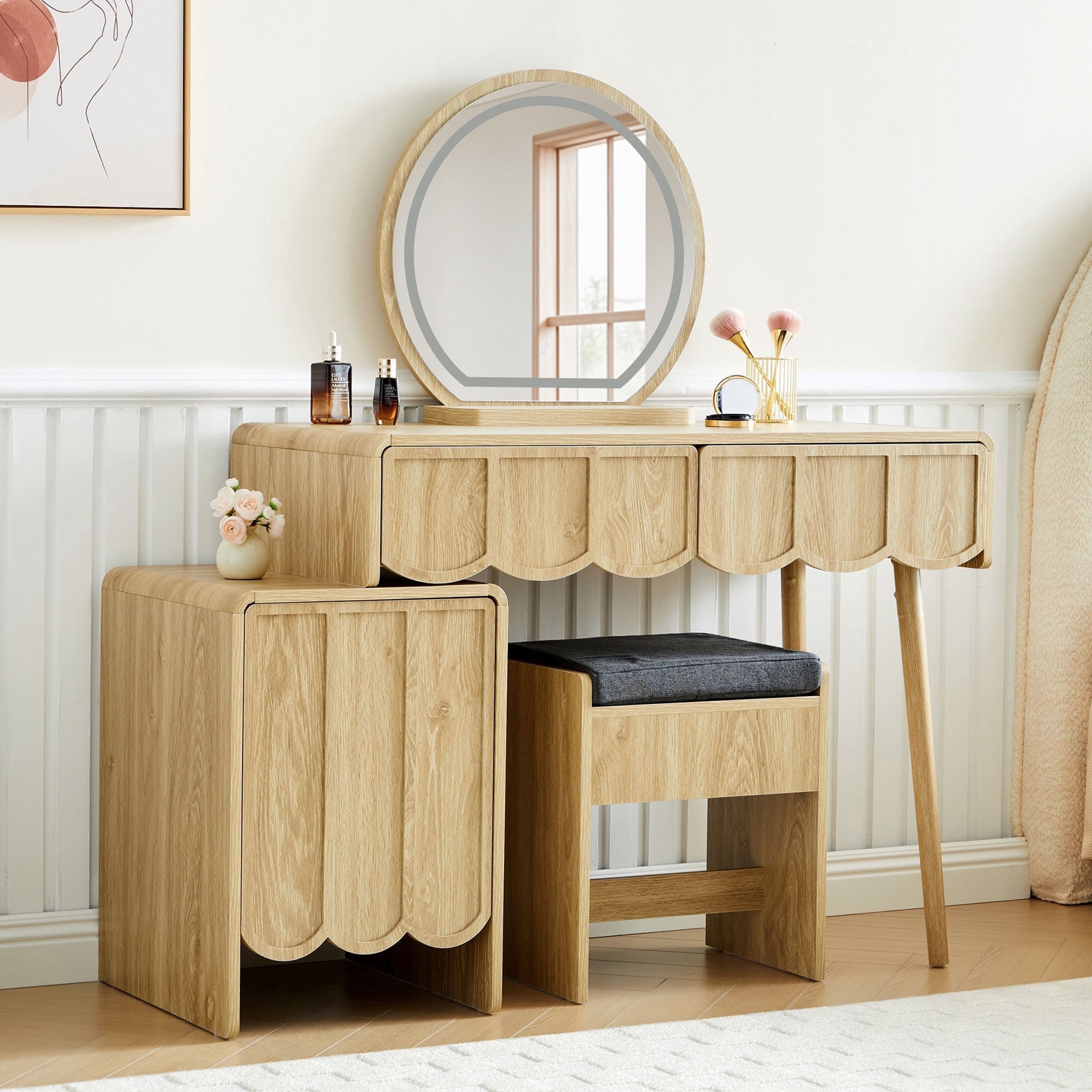 Wirrytor Farmhouse Walnut Vanity Set with LED Mirror & Chair