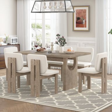 Wood Dining Table Set for 6, Atumon 7 Piece Dining Room Set, Dining Table Set with 6 Beige Cushioned Chairs, Farmhouse Dining Table Set, Dining Table Set Furniture for Kitchen Dining Room, Natural