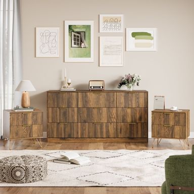 YouTrend 9 Drawer Dresser and Nightstand Sets for Bedroom,3 Piece Bedroom Dresser Set,Fluted Dressers and Nightstands, Modern Bedroom Set, Burlywood