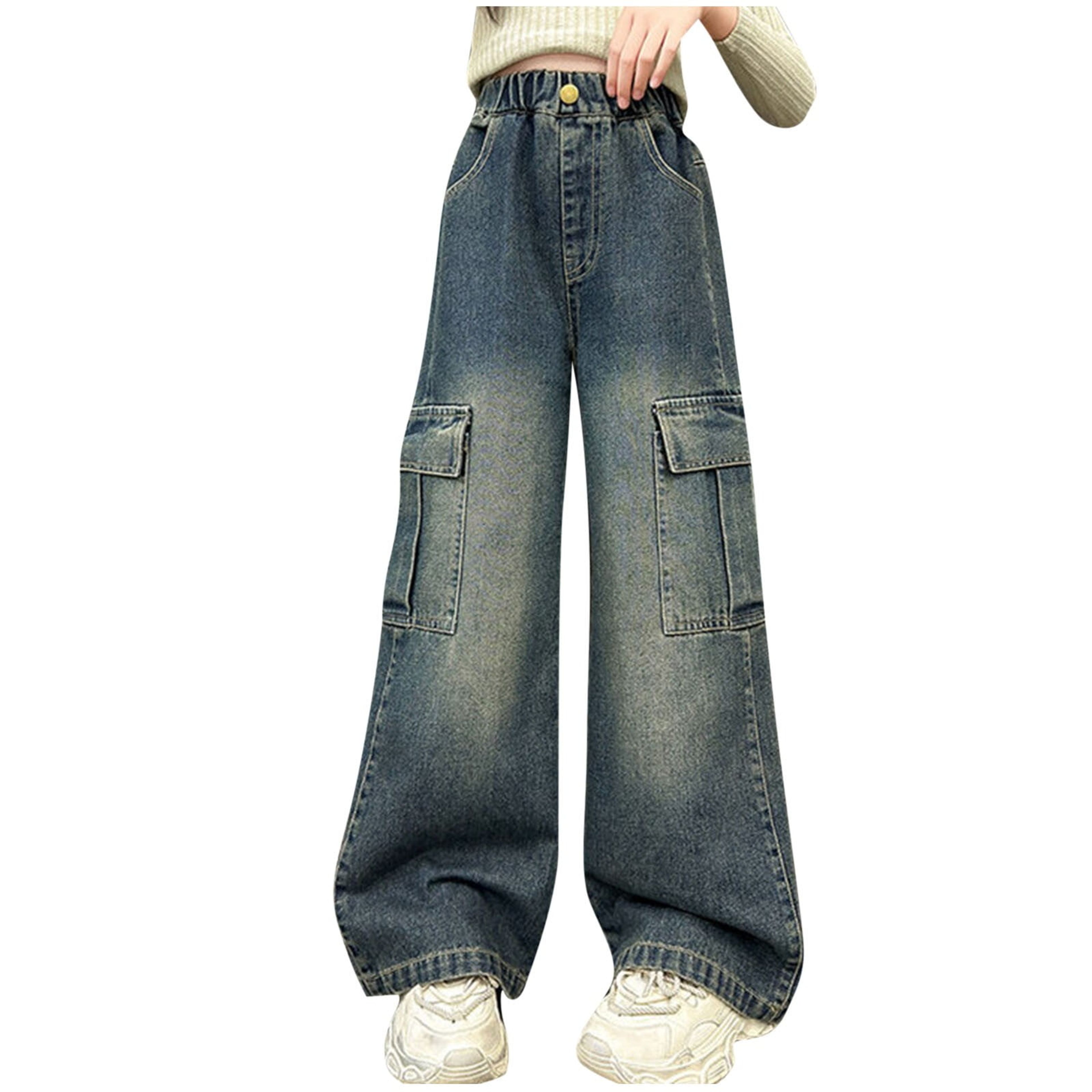 Girls Baggy Denim Cargo Pants Distressed Wide Leg Jeans 9-10 Years