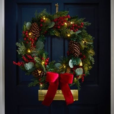 55cm Pre-Lit 20 LED Artificial Berry Wreath with Bow