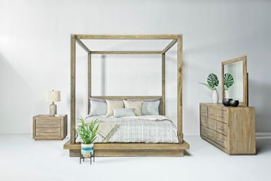 Melbourne Canopy Bed, Dresser & Mirror in Brown Mel, Queen