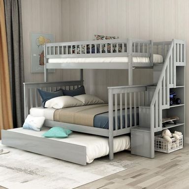 Harper & Bright Designs Gray Twin Over Full Bunk Bed with Trundle and Stairs for Kids SM000095AAE-1