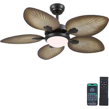 Kviflon 44 in. Indoor/Outdoor Black Retro 5 Palm Leaf Shaped Blades Ceiling Fan with Dimmable LED Light and Remote/APP YT-8230-44BJ-MW
