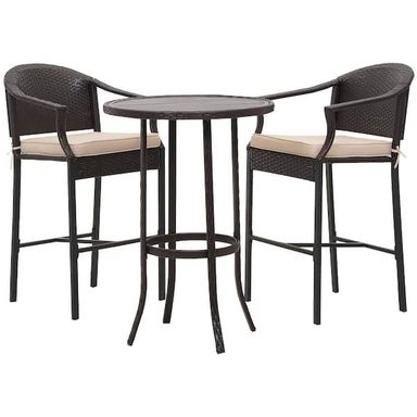 JUSKYS Brown 3-Piece Wicker Outdoor Bistro Set Height Bar Stools with Tan Cushions and Round Metal Top Table TAOS034 - The Home Depot