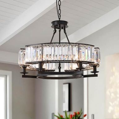 SILJOY Modern Crystal Chandelier 26 in. 6-Light Black Drum Pendant Lighting Ceiling Semi Flush Mount SCHLP01B