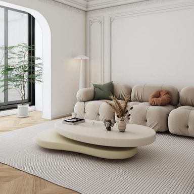 47.24 in. Beige Oval Shape 2-Tier Rotating MDF Top Coffee Table