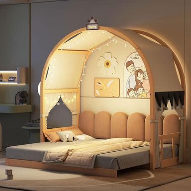 Harper & Bright Designs Natural Twin Size Expandable Kid Bed with Arched Roof, Curtains, Light Strip and Whiteboard HTC009AAN