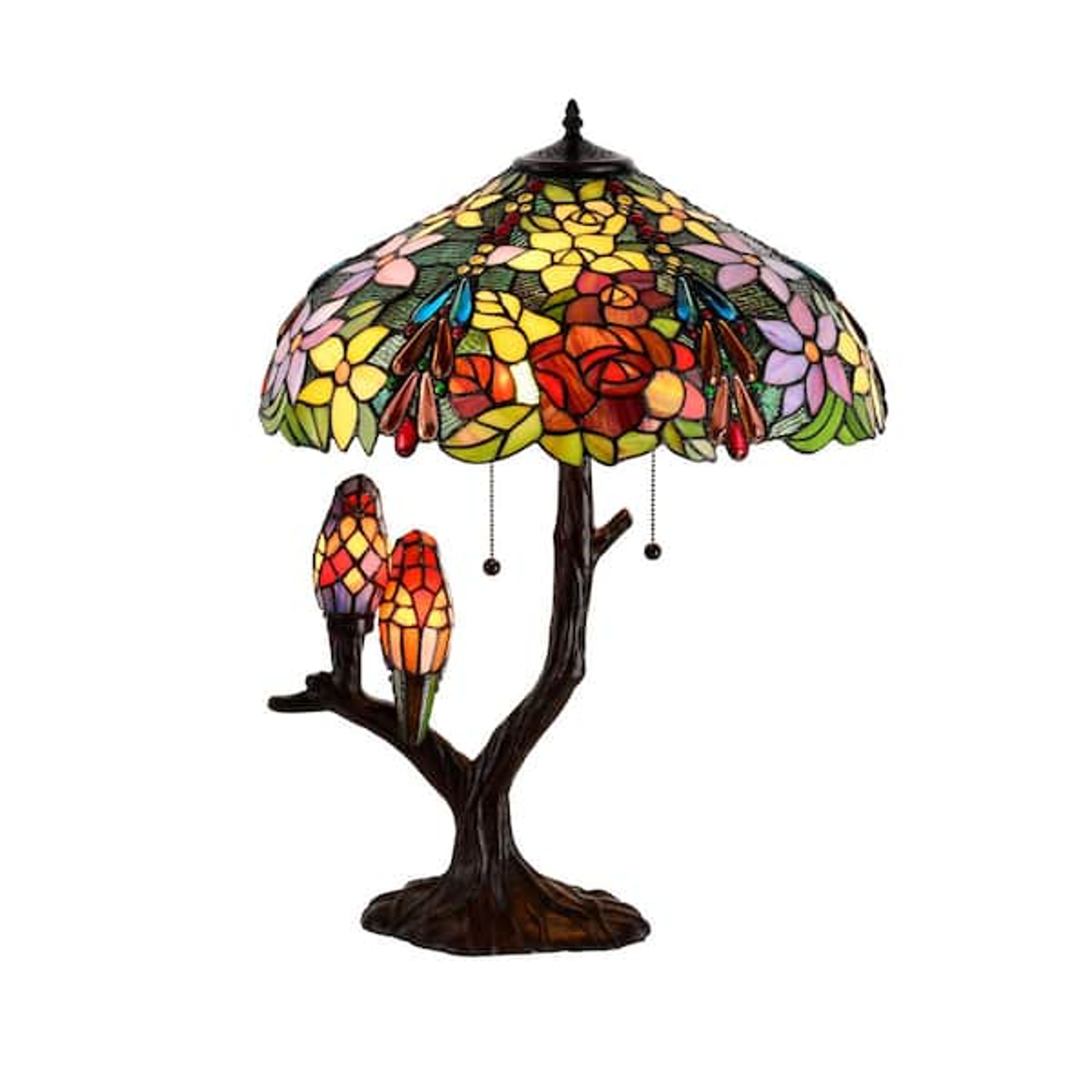 27 in. Tiffany Style Floral Birds Multicolored Table Lamp