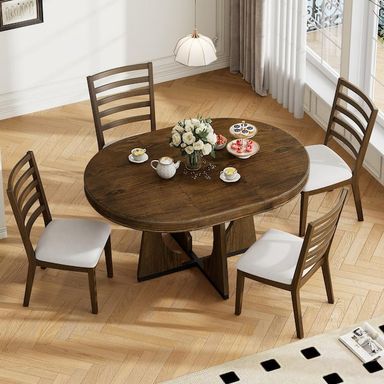 5-Piece Walnut Wood Top Dining Set with Unique Geometric Design, 1-Extendable Table and 4-Upholstered Chairs