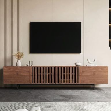 THE RIGHT PATH 94.48 in. Walnut Color Mid Century Modern TV Stand with Louvered Cabinet Doors Fits TV's up to 100 in. 240#DSG-67 - The Home Depot